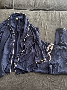 Navy Blue Cotton Pajama Set with Contrast Piping